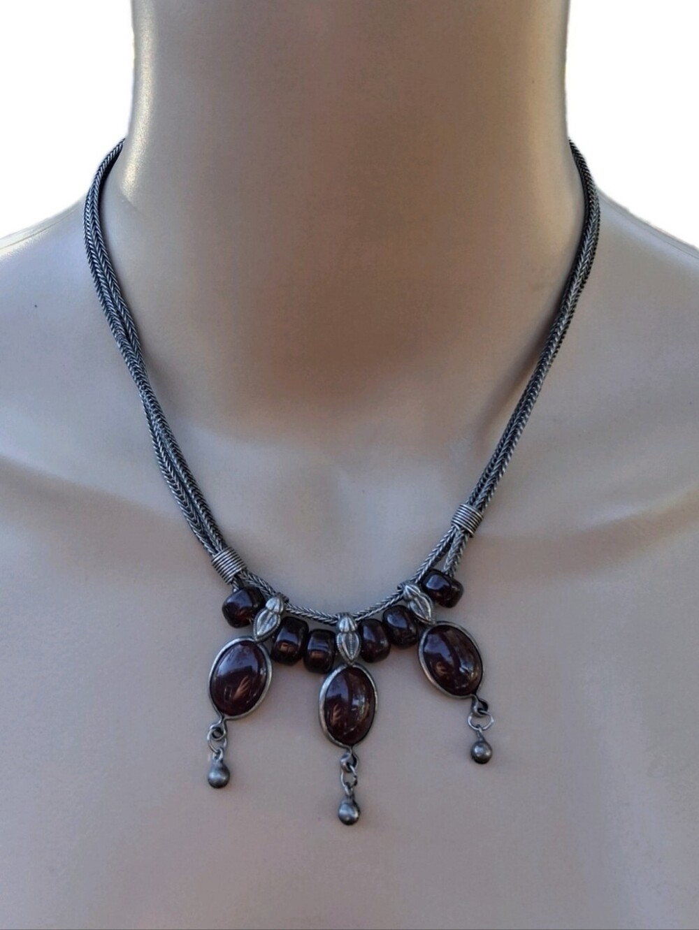 Vintage Tribal Silver Tone Red Glass Cabochon Statement Necklace Wheat Chain